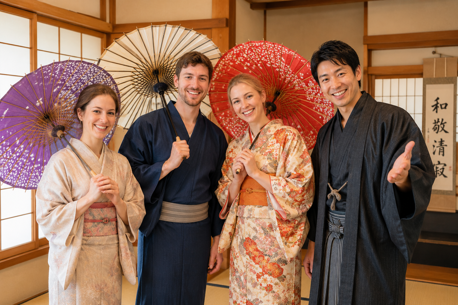 和傘を持って記念撮影を楽しむ外国人観光客と和装の日本人男性の画像